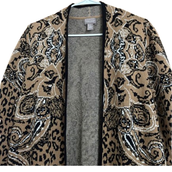 Chico’s Women’s Tan Multi Animal Print Open Front Cardigan with Fringe Hem Sz-S - Picture 2 of 7